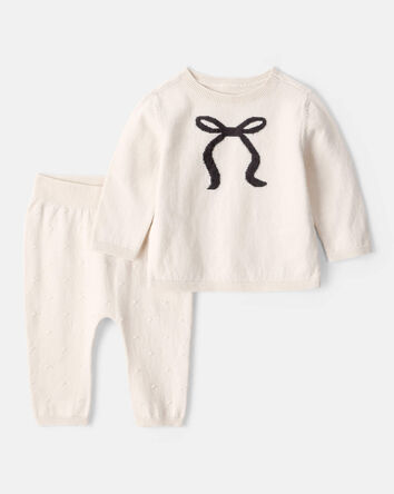 Baby Girl Bow Cotton Long-Sleeve Tee & Pant Set - White, 