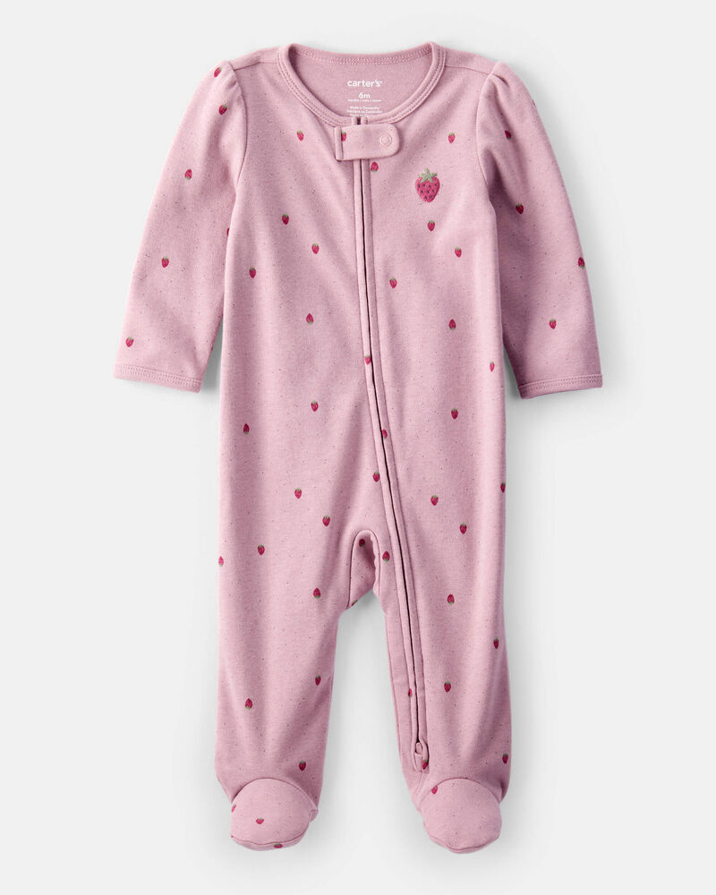 Baby Girl Strawberry Print 100% Cotton Sleep & Play - Pink, image 1 of 5 slides