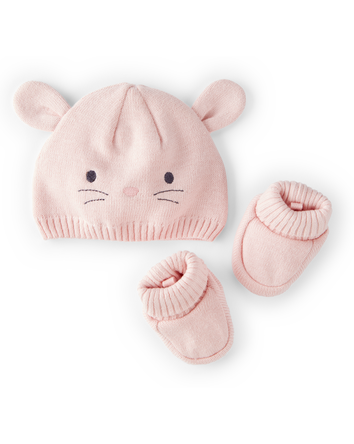Baby 2-Pack Bunny Crochet Booties and Hat - Pink, 