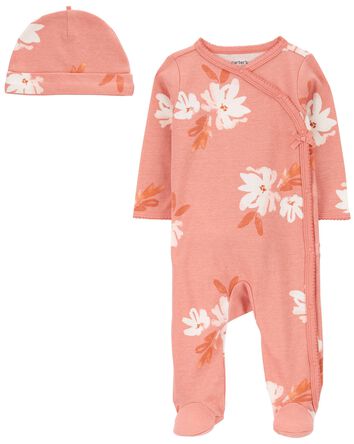 2-Piece Floral Sleep & Play Pajamas and Cap Set, 