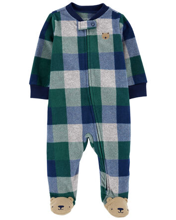Baby Plaid Bear Fleece Zip-Up Footie Sleep & Play Pajamas, 