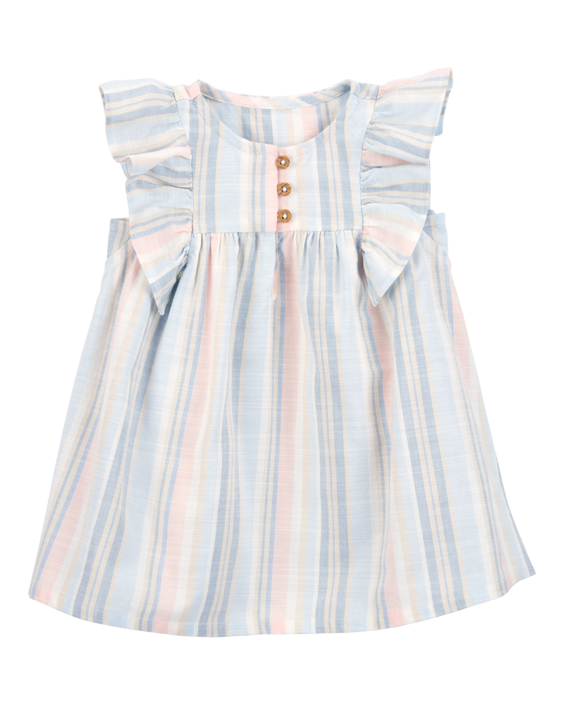 Baby Striped Linen Look-Alike Flutter Sleeves Dress, image 1 of 5 slides