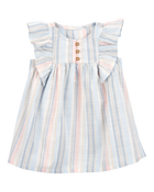 Baby Striped Linen Look-Alike Flutter Sleeves Dress, image 1 of 5 slides