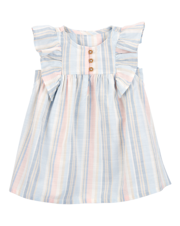 Baby Striped Linen Look-Alike Flutter Sleeves Dress, 