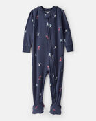 Baby Boy Football Print PurelySoft Long-Sleeve 2-Way Zip 1-Piece Pajamas - Navy Blue, image 1 of 6 slides