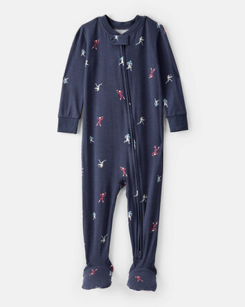 Baby Boy Football Print PurelySoft Long-Sleeve 2-Way Zip 1-Piece Pajamas - Navy Blue, 