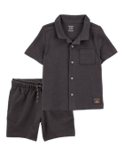 Toddler 2-Piece Textured Button-Down Jacquard Shirt & Shorts Set - Brown/Black, image 1 of 8 slides