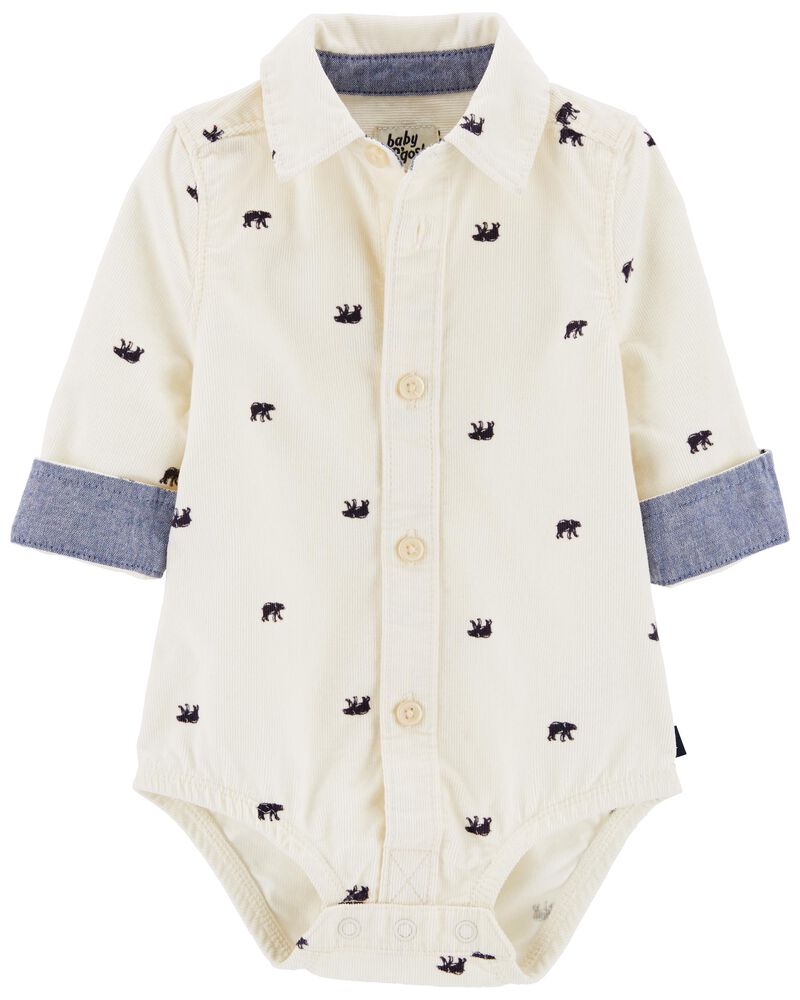Bear Print Corduroy Button-Front Bodysuit, image 2 of 4 slides