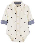 Bear Print Corduroy Button-Front Bodysuit, image 2 of 4 slides