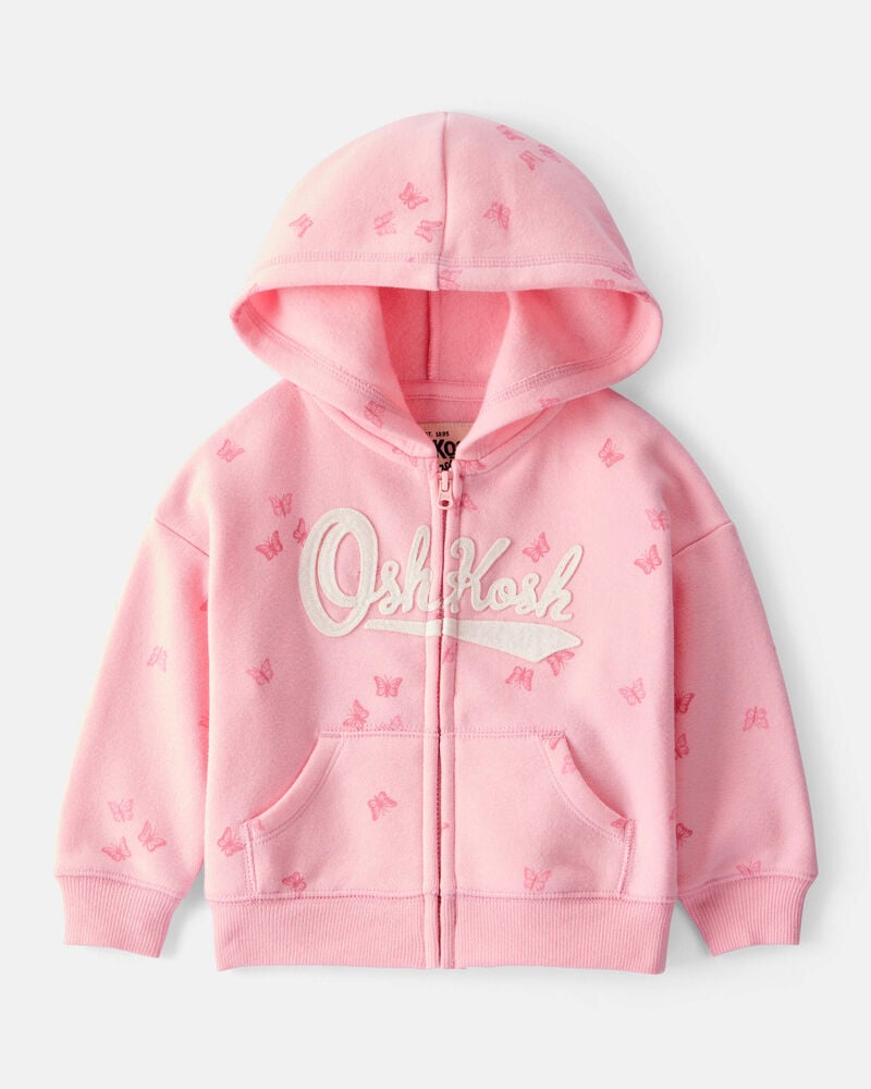Baby Butterfly Print OshKosh Fleece Logo Zip Jacket - Pink, image 1 of 4 slides