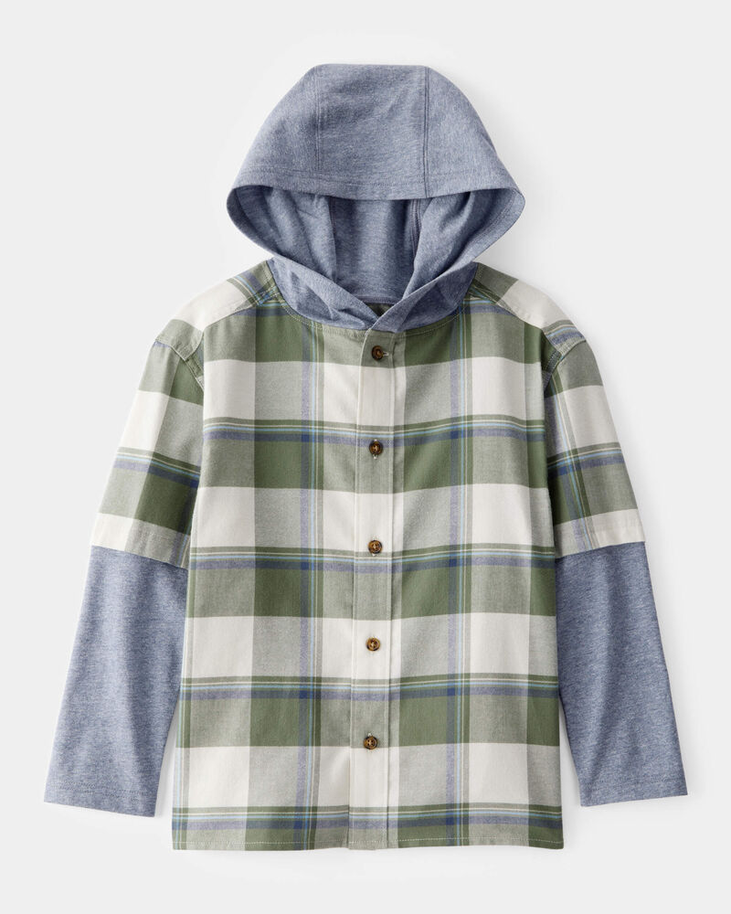 Boys Plaid Layered-Look Button-Down Hooded Tee - Green, image 1 of 3 slides