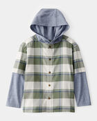 Boys Plaid Layered-Look Button-Down Hooded Tee - Green, image 1 of 3 slides