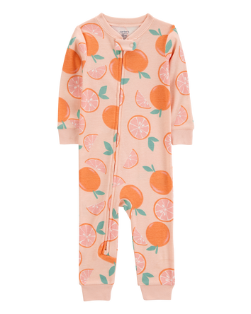 Baby Girl Orange Print Snug Fit Cotton Footless 1-Piece Pajamas - Pink, 