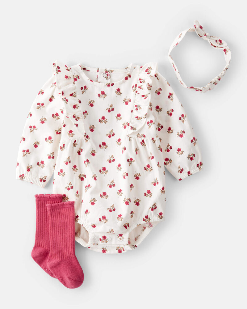 Baby 3-Piece Floral Bubble Outfit Set - Pink/White, image 1 of 3 slides