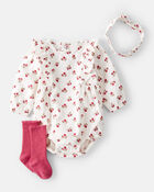 Baby 3-Piece Floral Bubble Outfit Set - Pink/White, image 1 of 3 slides