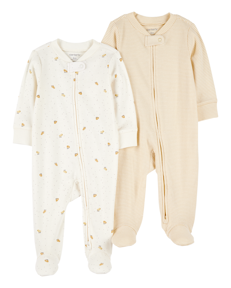 Baby 2-Pack Striped Duck Print 2-Way Zip Cotton Sleep & Play Pajamas, image 1 of 6 slides