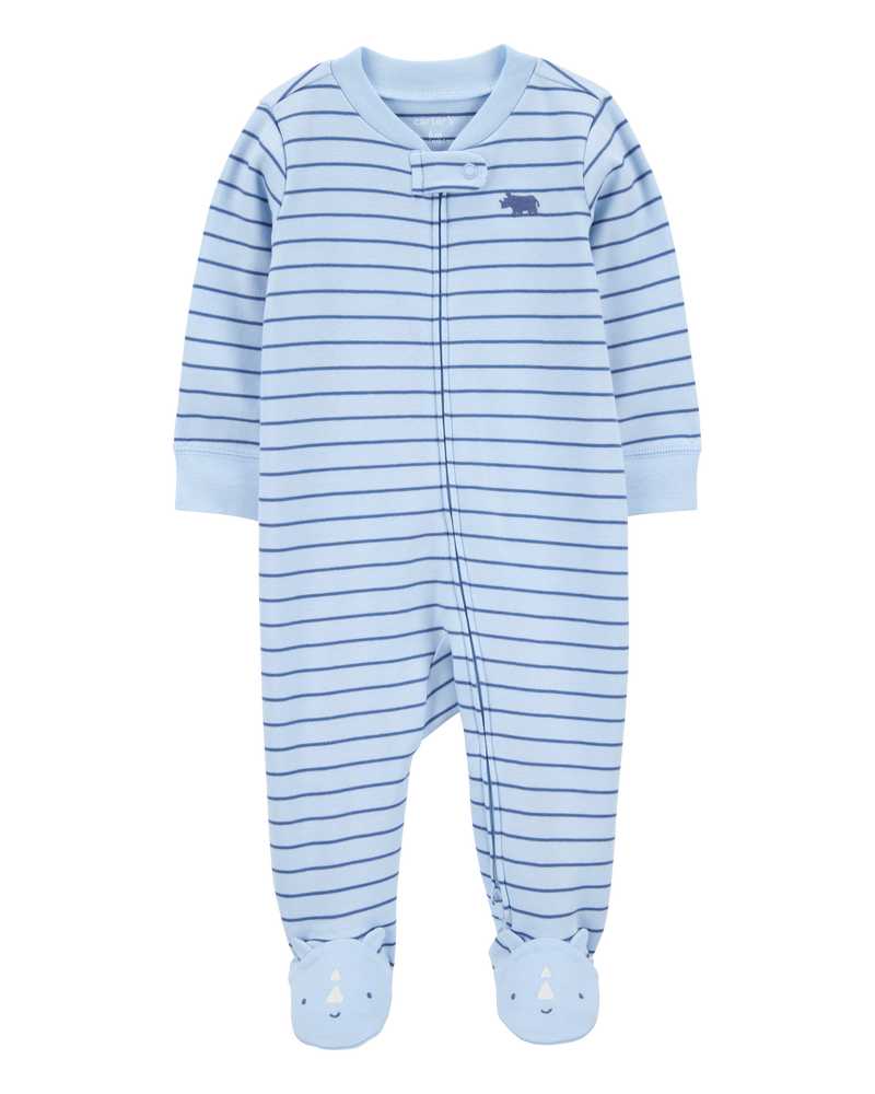 Baby Boy Rhino Striped 2-Way Zip Cotton Sleep & Play Pajamas - Blue, image 1 of 4 slides