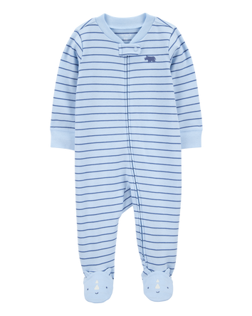 Baby Boy Rhino Striped 2-Way Zip Cotton Sleep & Play Pajamas - Blue, 