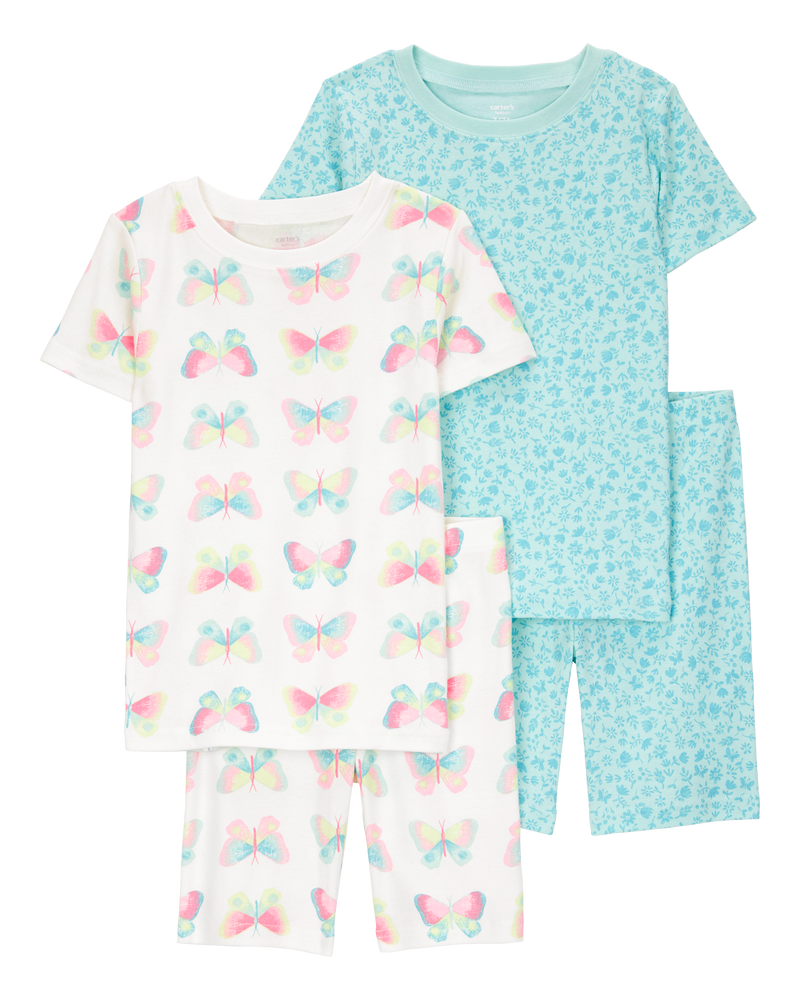 Kid Butterfly Print Snug Fit Cotton 4-Piece Pajamas, image 1 of 4 slides