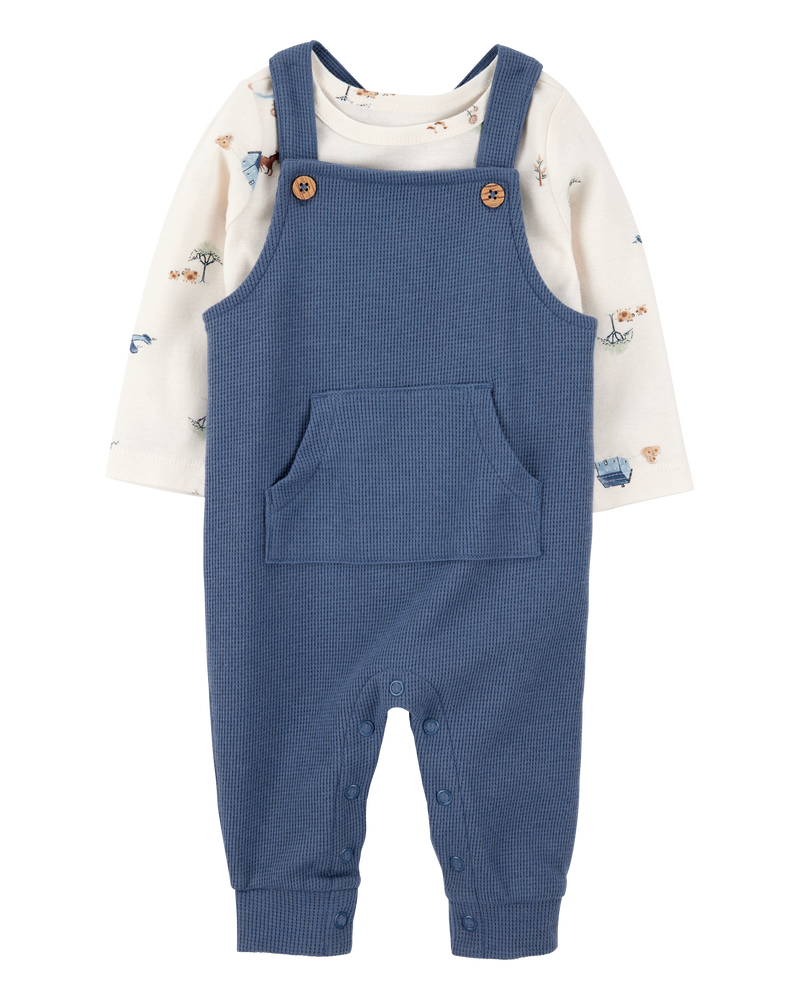 Baby 2-Piece Long-Sleeve Tee & Waffle Knit Coverall Set - Blue/White, image 1 of 7 slides