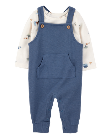 Baby 2-Piece Long-Sleeve Tee & Waffle Knit Coverall Set - Blue/White, 