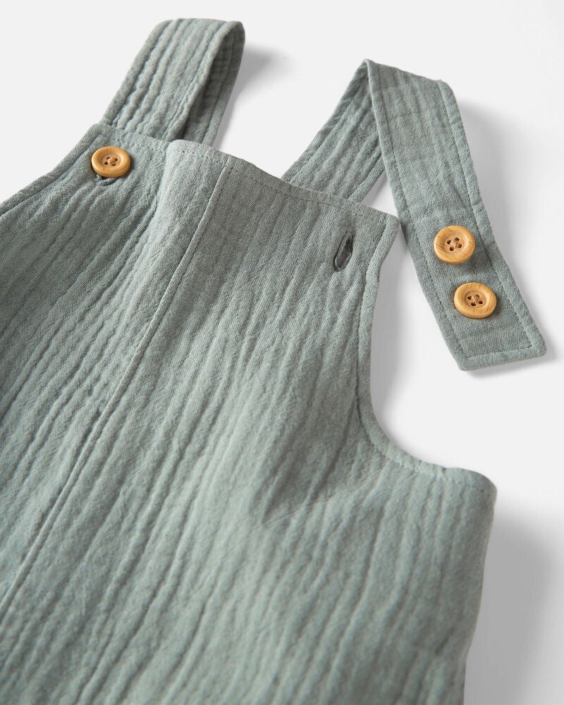 Toddler Organic Cotton Gauze Shortalls in Green, image 3 of 5 slides