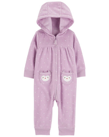 Baby Owl Hooded Zip-Up Fleece Jumpsuit, 