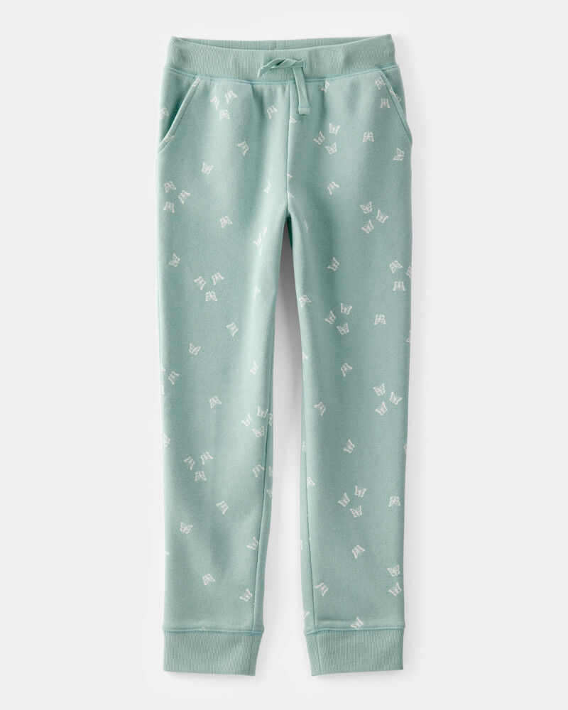 Girls Butterfly Print Fleece Drawstring Joggers - Green, image 1 of 4 slides
