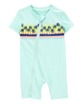Baby 1-Piece Palm Tree Short-Sleeve Rashguard Swimsuit - Mint, 
