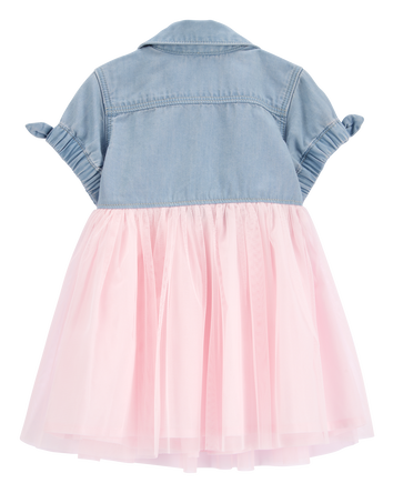 Baby Denim Shirt Dress With Tulle Skirt, 