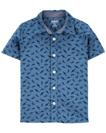 Baby Shark Print Button-Front Short Sleeve Shirt, 