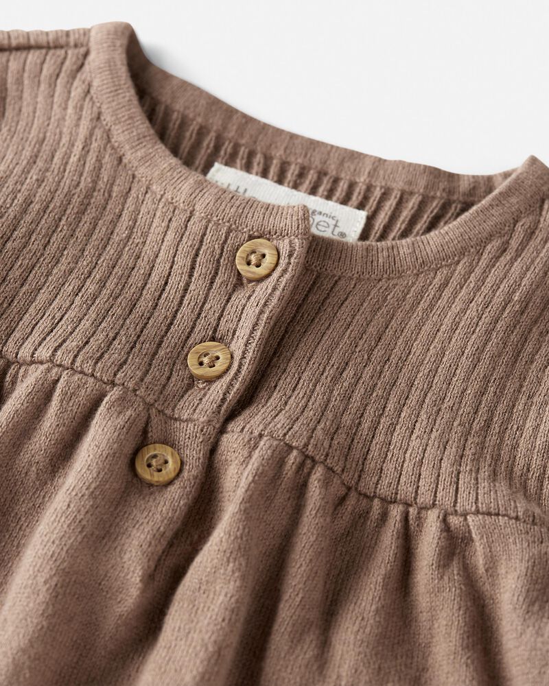 Baby Organic Cotton Ribbed Sweater Knit Dress in Light Brown, image 3 of 6 slides