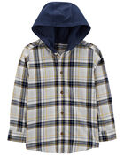 Kid Plaid Hooded Button-Down Shirt, image 2 of 4 slides