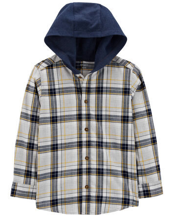 Kid Plaid Hooded Button-Down Shirt, 