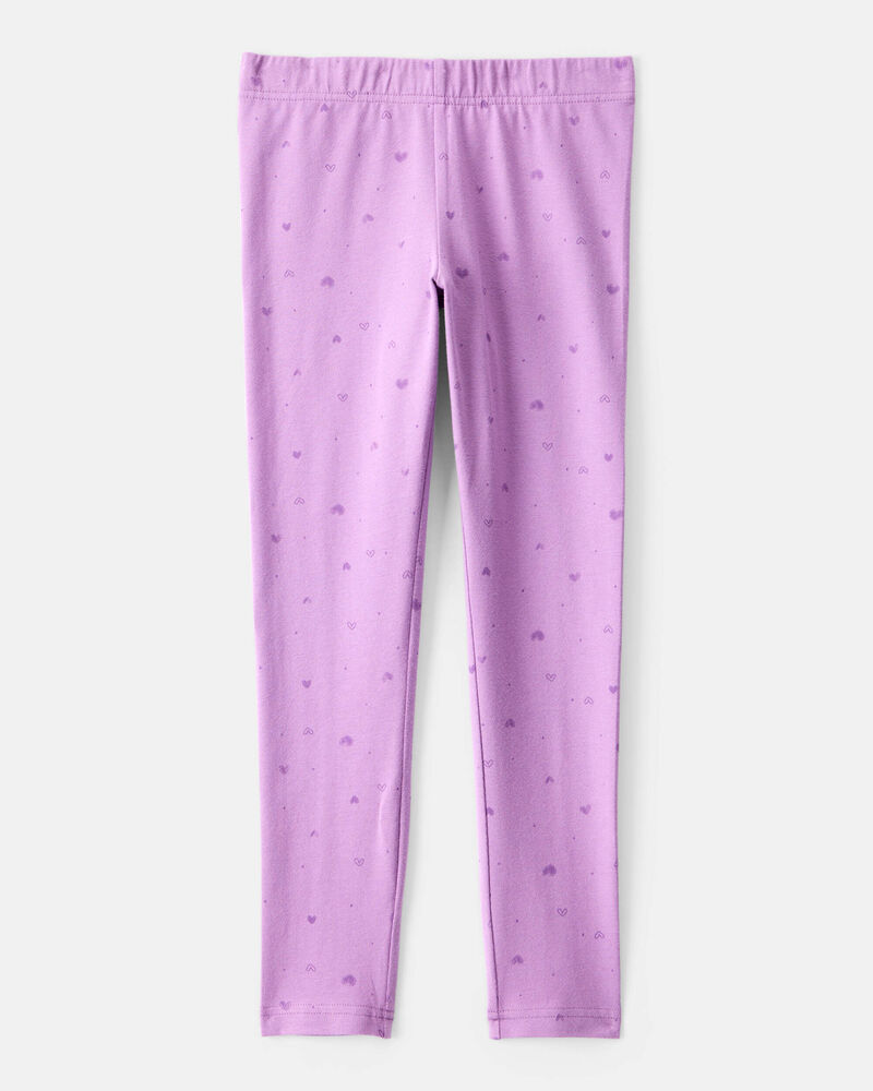 Girls Heart Print Cotton Pull-On Stretch Leggings - Purple, image 2 of 4 slides