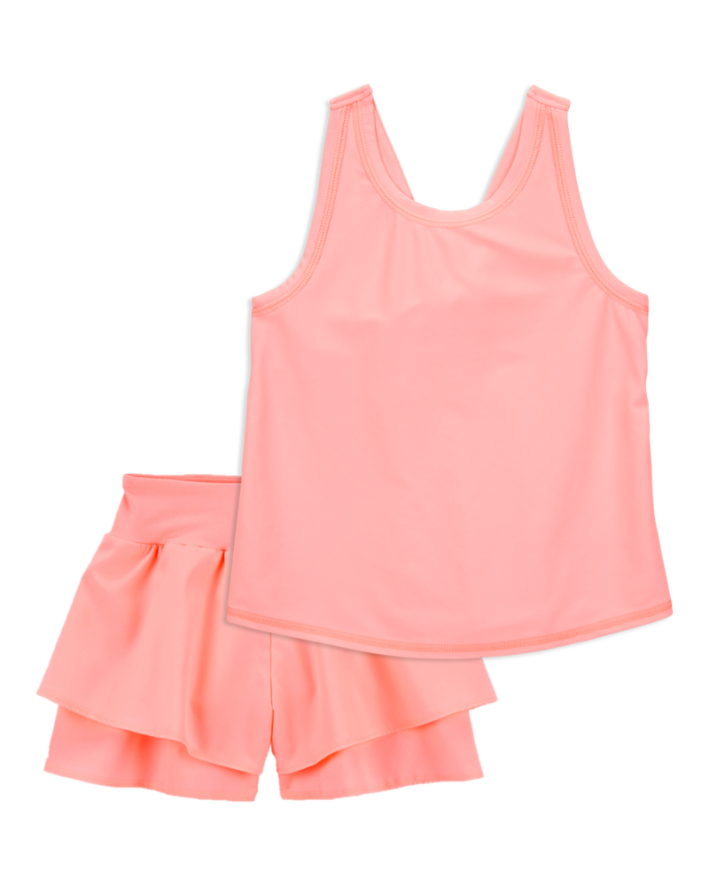 Kid 2-Piece Floral Active Twist Tank & Flowy Layered Flip Short Set - Coral, image 1 of 8 slides