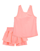 Kid 2-Piece Floral Active Twist Tank & Flowy Layered Flip Short Set - Coral, image 1 of 8 slides