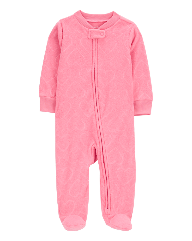 Fleece Zipper Footie Pajamas Pink Baby Heart Print Fleece Zip-Up