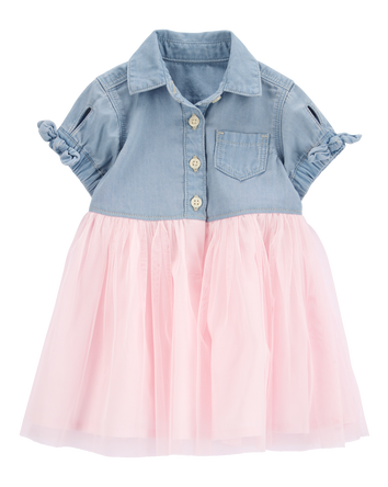 Baby Denim Shirt Dress With Tulle Skirt, 