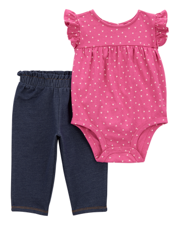 Baby 2-Piece Heart Flutter-Sleeve Bodysuit Pant Set, 