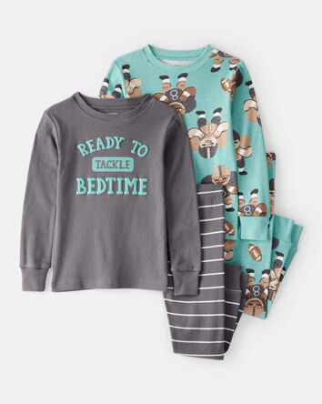 Toddler Boy Football Print 100% Cotton Long-Sleeve 4-Piece Pajamas - Blue, 