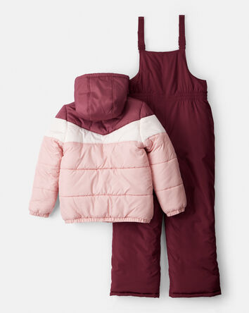 Girls 2-Piece Color Block Hooded Snowsuit Jacket & Bib Set - Pink/Red, 