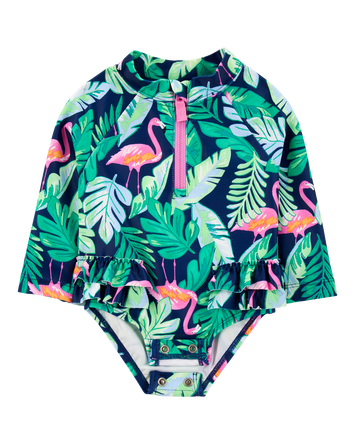 Baby Girl 1-Piece Tropical Flamingo Long-Sleeve Rashguard Swimsuit, 