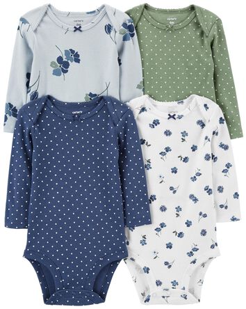 Baby 4-Pack Long-Sleeve Floral & Polka Dot Bodysuits, 