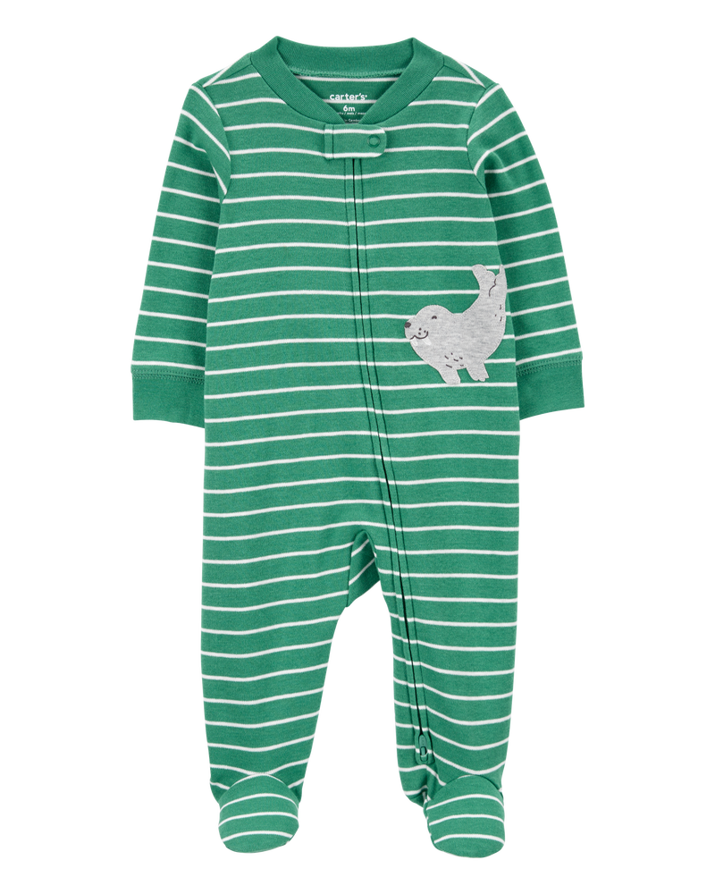 Baby Boy Striped Walrus 2-Way Zip Sleep & Play Pajamas, image 1 of 3 slides