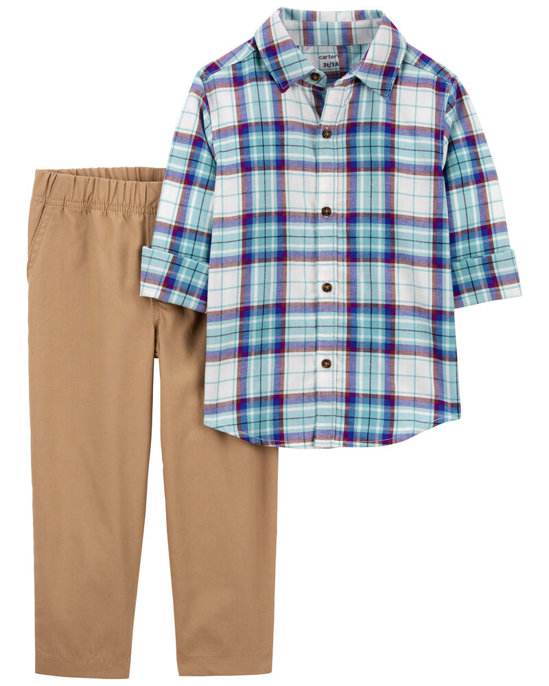 Toddler 2-Piece Plaid Button-Front Shirt & Canvas Pant Set, image 2 of 4 slides