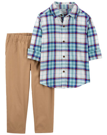 Toddler 2-Piece Plaid Button-Front Shirt & Canvas Pant Set, 