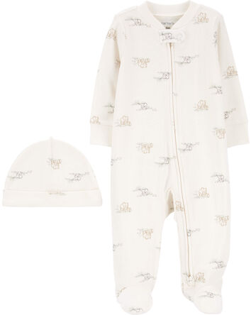 2-Piece 2-Way Zip Elephant Cotton Sleep & Play & Cap Set, 