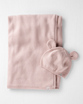 Baby Organic Cotton Sweater Knit Blanket and Cap Gift Set, 