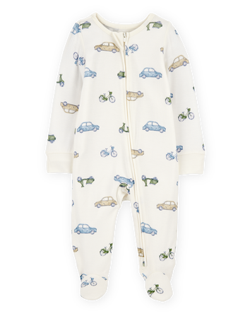 Baby Boy Car Print 2-Way Zip PurelySoft Sleep & Play Pajamas - Ivory, 